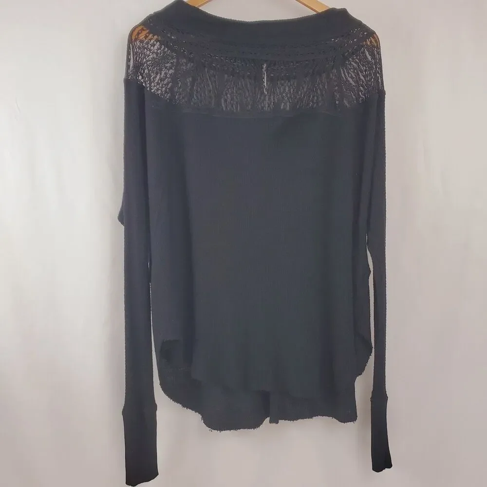Free People Top M Spring Valley Thermal Black Lace Waffle Knit Womens Shirt